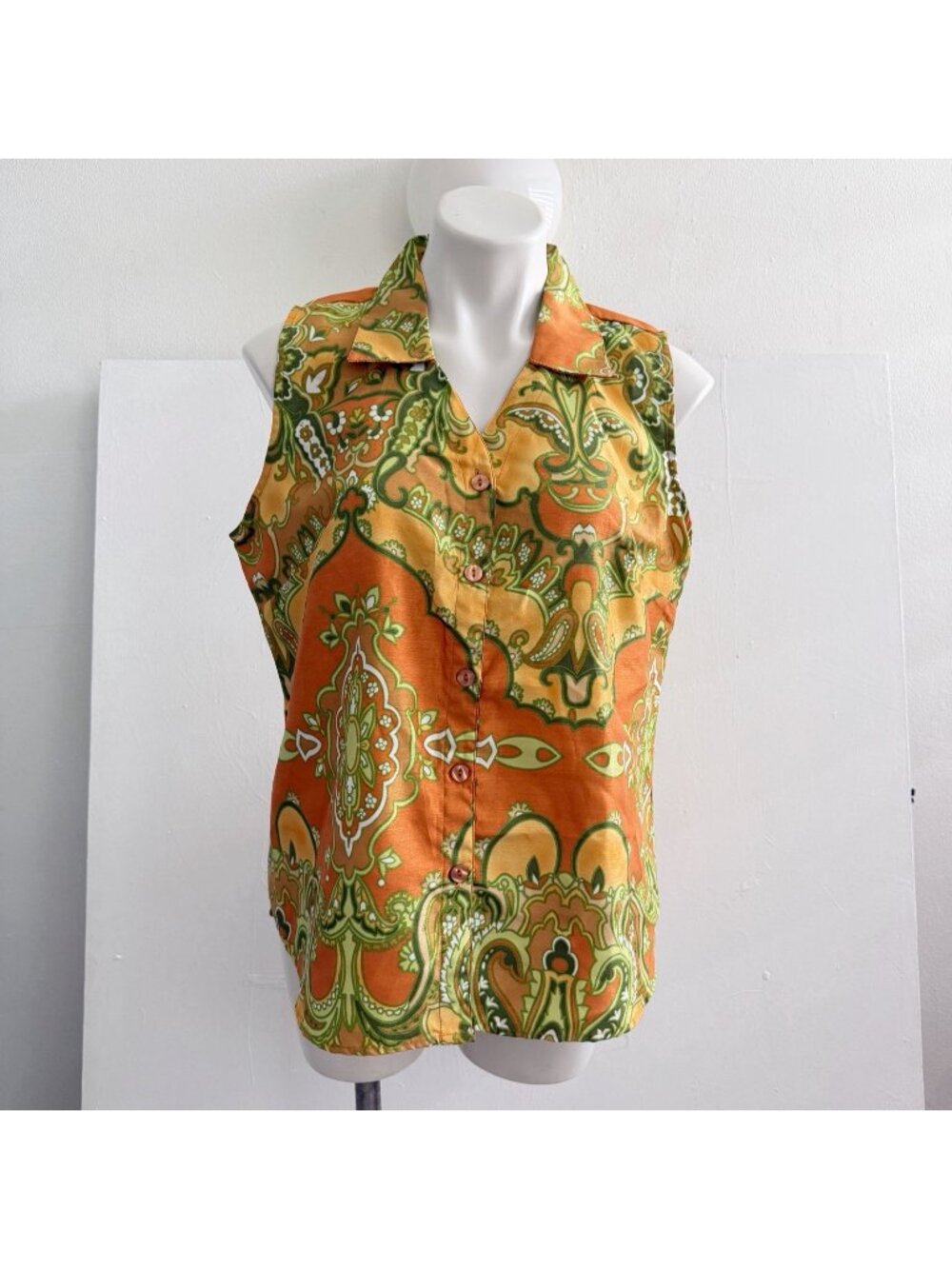 Selene Sport Women L Vintage 70s Paisley Retro Sleeveless Button Shirt Top LARGE